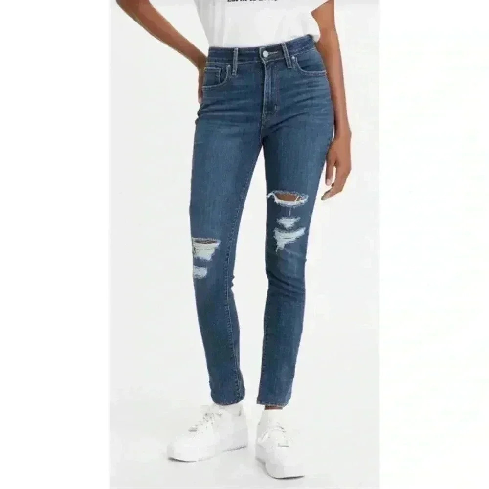 Levi’s 721 High Rise Skinny Jeans Distressed Dark Blue Denim Size  26